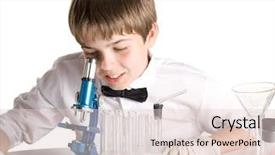  Presentation with flasks - Cool new presentation theme with boy with a microscope and various colorful flasks on a white background backdrop and a lemonade colored foreground