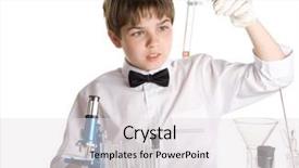  Presentation with flasks - Beautiful PPT theme featuring boy with a microscope and various colorful flasks on a white background backdrop and a sky blue colored foreground