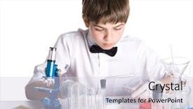  Presentation with flasks - Slides featuring boy with a microscope and various colorful flasks on a white background background and a lemonade colored foreground