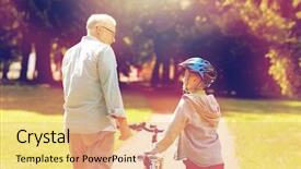  Presentation with family talking - PPT theme featuring boy with bicycle and bike background and a coral colored foreground