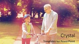  Presentation with family talking - Presentation theme with boy with bicycle and bike background and a coral colored foreground