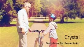  Presentation with family talking - Presentation theme with boy with bicycle and bike background and a yellow colored foreground