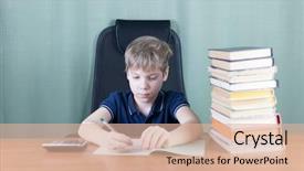  Presentation with tan book stack stacks of books - Colorful slides enhanced with boy with bunch of books backdrop and a  colored foreground