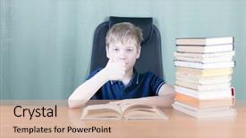  Presentation with tan book stack stacks of books - Presentation theme having boy with bunch of books background and a  colored foreground