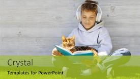  Presentation with cat - Presentation theme featuring boy-with-cat-reading background and a gold colored foreground