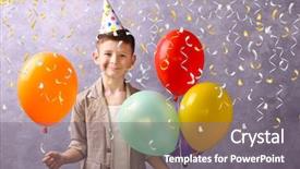  Presentation with birthday boy - Slide deck enhanced with boy with color balloons background and a gray colored foreground