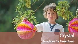  Presentation with summer party - Audience pleasing PPT theme consisting of boy with colorful lampion backdrop and a  colored foreground