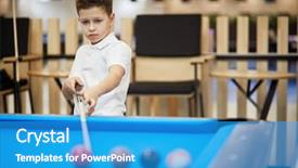  Presentation with billiard - PPT theme consisting of boy with cue stick stands background and a teal colored foreground