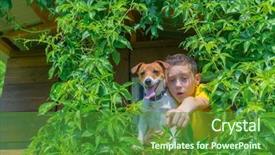  Presentation with smiling kids at summer camp - Slide set having boy with dog on treehouse background and a forest green colored foreground