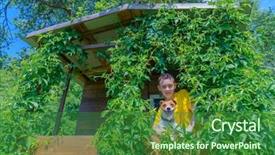  Presentation with smiling kids at summer camp - PPT theme featuring boy with dog on treehouse background and a forest green colored foreground