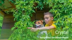  Presentation with smiling kids at summer camp - PPT layouts featuring boy with dog on treehouse background and a forest green colored foreground