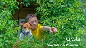  Presentation with smiling kids at summer camp - Audience pleasing slide set consisting of boy with dog on treehouse backdrop and a forest green colored foreground