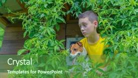  Presentation with smiling kids at summer camp - Beautiful slide set featuring boy with dog on treehouse backdrop and a forest green colored foreground