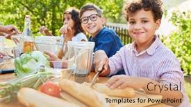  Presentation with summer camp - Colorful PPT theme enhanced with boy-with-friends-in-cooking backdrop and a coral colored foreground