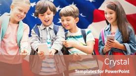  Presentation with stars stripes - Colorful PPT layouts enhanced with boy with friends using mobile phone against american flag with stars and stripes backdrop and a coral colored foreground