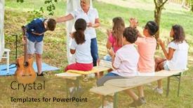  Presentation with summer camp show - Slides having boy-with-guitar-makes background and a gold colored foreground