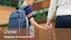  Presentation with sad - Beautiful slide set featuring boy with mother at school backdrop and a tawny brown colored foreground