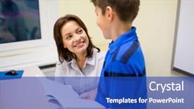  Presentation with school elementary - Colorful theme enhanced with boy with notebook and teacher backdrop and a cobalt blue colored foreground