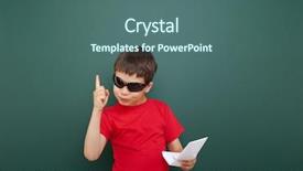  Presentation with school board - Amazing slide deck having boy with origami toy near the school board backdrop and a ocean colored foreground