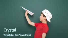  Presentation with school board - Amazing slide deck having boy with origami toy near the school board backdrop and a ocean colored foreground