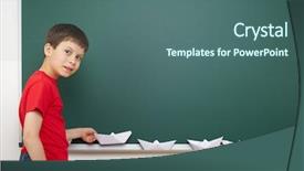  Presentation with school board - Presentation with boy with origami toy near the school board background and a ocean colored foreground