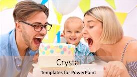  Presentation with first birthday - Beautiful PPT layouts featuring boy with parents and birthday backdrop and a coral colored foreground