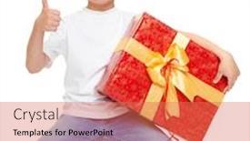  Presentation with red bow - Theme having boy with red gift box and golden bow - holiday object concept isolated background and a coral colored foreground