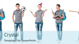  Presentation with foreign boy student - PPT layouts featuring boy with schoolbag and book background and a sky blue colored foreground