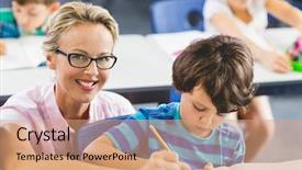  Presentation with helping - Slide deck featuring boy with studies in classroom background and a  colored foreground