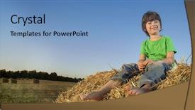  Presentation with field - Theme consisting of boy with what on haystack in the field in summer background and a teal colored foreground