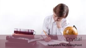  Presentation with remote - PPT layouts with boy-writes-in-a-notebook background and a violet colored foreground