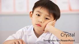  Presentation with school desk - Slides featuring boy writing - unhappy male student working background and a coral colored foreground