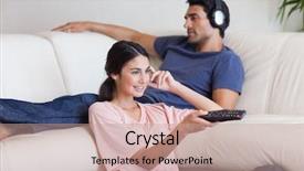  Presentation with listening woman - Audience pleasing presentation theme consisting of boyfriend is listening to music backdrop and a coral colored foreground