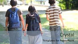  Presentation with backpacks - Audience pleasing PPT theme consisting of boys and girl with backpacks and skateboards having a walk backdrop and a light blue colored foreground