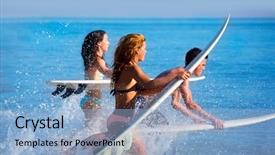  Presentation with teen girl - Beautiful presentation design featuring boys and girls teen surfers backdrop and a light blue colored foreground