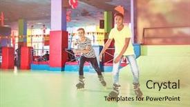  Presentation with roller skating - PPT theme featuring boys at roller skating rink background and a soft green colored foreground