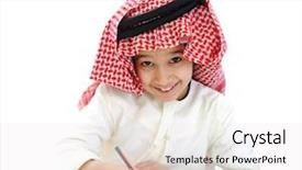  Presentation with school - Audience pleasing presentation theme consisting of boys education - little boy studying at school backdrop and a sky blue colored foreground