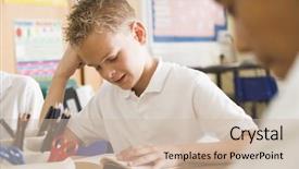  Presentation with students walking to class - Beautiful slide deck featuring boys education - students in class reading books backdrop and a soft green colored foreground