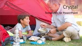  Presentation with camping - Theme with boys hiking - grandfather and grandson cooking breakfast background and a coral colored foreground
