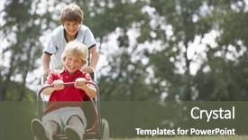  Presentation with young children playing - Audience pleasing PPT theme consisting of boys playing with go-kart backdrop and a dark gray colored foreground