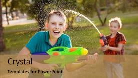  Presentation with gun - Presentation design with boys playing with water gun background and a coral colored foreground