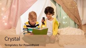  Presentation with kids reading book - Cool new PPT theme with boys reading book with torch backdrop and a coral colored foreground