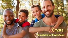  Presentation with lights through forest - PPT theme enhanced with boys with fathers on hiking background and a tawny brown colored foreground