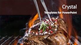  Presentation with close up of beef tartar - Slide set having braai party - grilled beef steak background and a tawny brown colored foreground