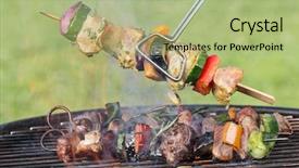  Presentation with grill - Slide set having braai party - tasty skewers on the grill background and a mint green colored foreground