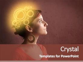  Presentation with brain - Colorful slide deck enhanced with brain - clever girl thinking backdrop and a tawny brown colored foreground