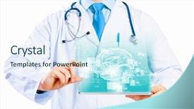  Presentation with car body repairer holding - Slides having displaying human brain - close up of doctor's body background and a cool aqua colored foreground