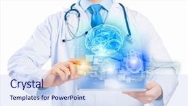  Presentation with car body repairer holding - Presentation theme featuring displaying human brain - close up of doctor's body background and a sky blue colored foreground