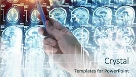  Presentation with human brain - Cool new PPT layouts with beautiful young girl in casual clothes is pointing to the side looking at camera and smiling on gray background backdrop and a light gray colored foreground