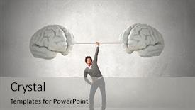  Presentation with barbell - Slides having brain - confident businessman lifting above head background and a light gray colored foreground